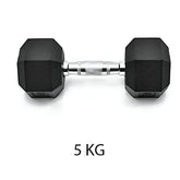 Huitich 5kg rubber dumbbell with hexagonal black rubber weights and silver textured handle
